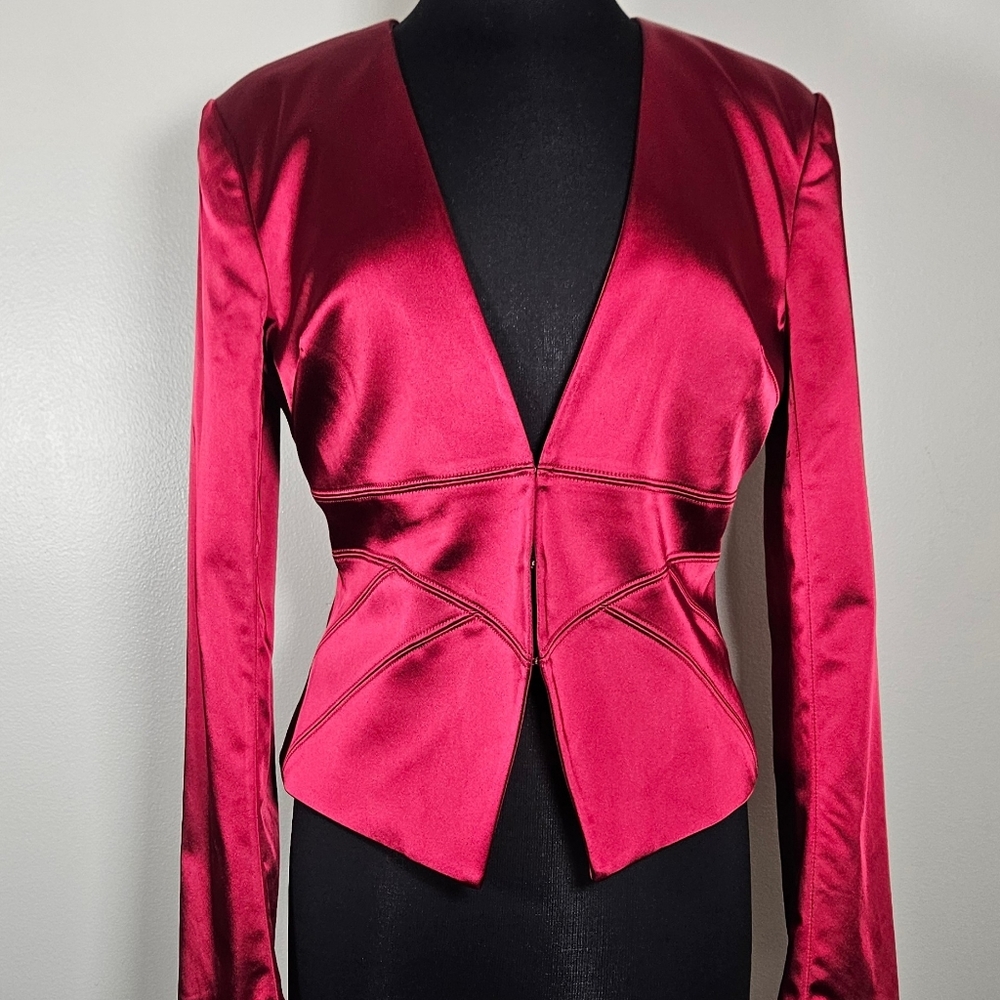 Bebe Red Satin Cropped Tailored Evening Jacket Women's 10 - Picture 8 of 8